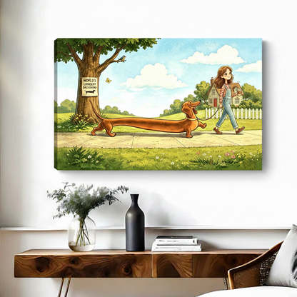 World's Longest Dachshund whimsical cartoon gallery wrap canvas print displayed above wooden console table in modern entryway