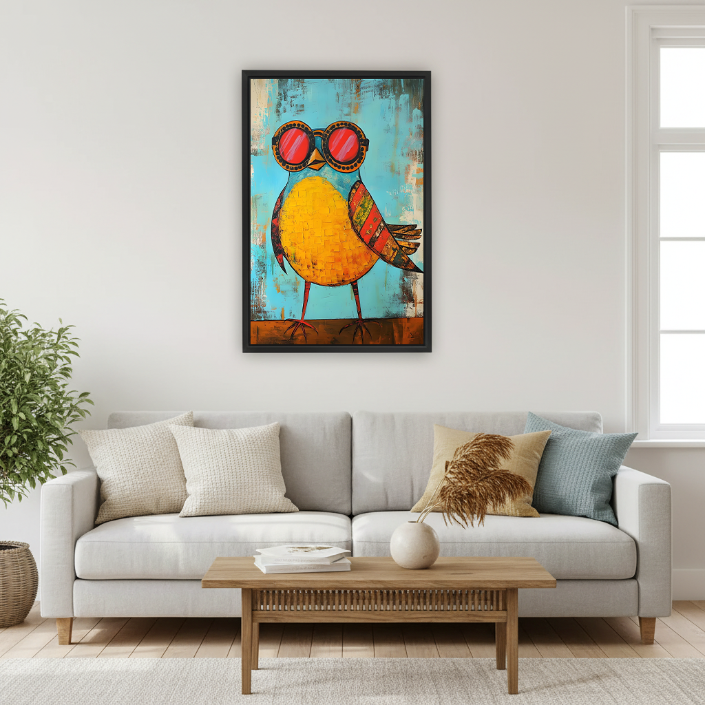  Colorful yellow bird with red sunglasses framed folk art canvas displayed above neutral sofa in bright Scandinavian living room