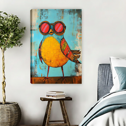 Unframed yellow bird with red sunglasses colorful folk art canvas print hanging in modern bedroom with plant