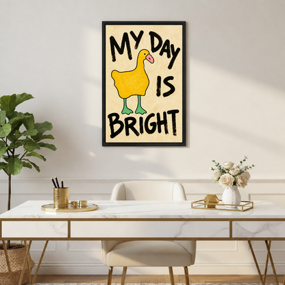Yellow duck My Day Is Bright framed canvas wall art above a white marble desk with gold accents and roses