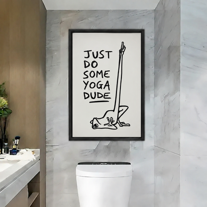 Close view of black framed yoga frog canvas wall art with the Just Do Some Yoga Dude quote