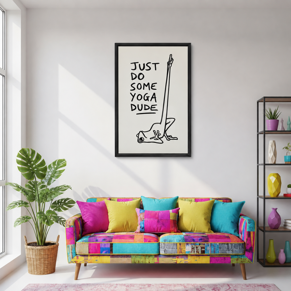 Yoga frog canvas wall art in black frame above a colorful patchwork sofa in a bright living room