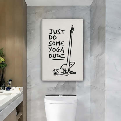 Unframed yoga frog canvas wall art hanging on a grey marble bathroom wall above the toilet