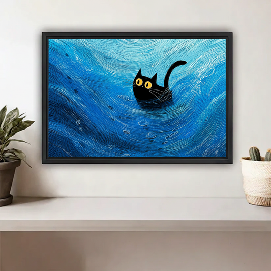 Black cat floating in swirling blue ocean Van Gogh style canvas wall art print with yellow eyes