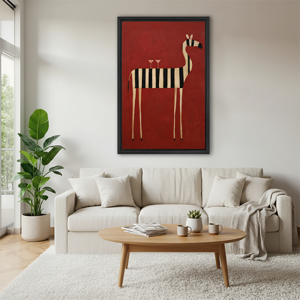 Framed geometric zebra martini wall art hung above cream sofa in Scandinavian-style living room